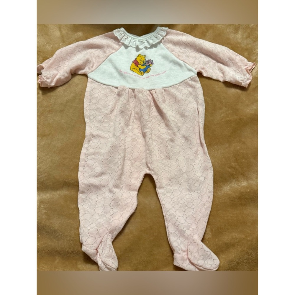 Vintage Disney Pooh Pink Pointelle Lace Footed Sleeper Baby Girl 12-18 lbs